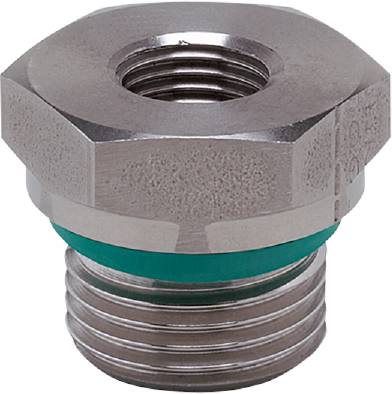 Raccordo filettato metallico con testa esagonale, anello di tenuta verde e filettatura esterna. Utilizzato per sistemi di tubazioni.