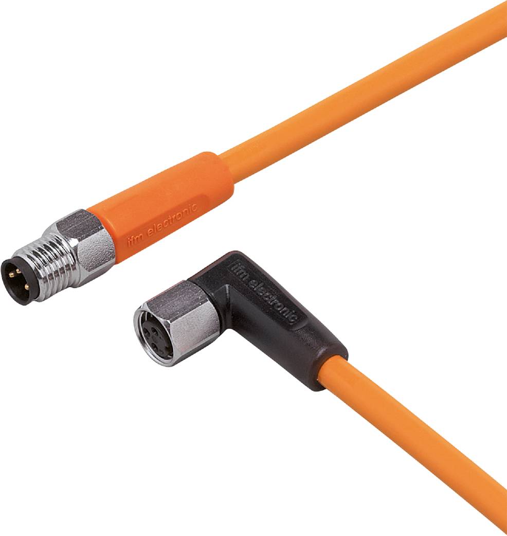 Cavo di connettore M8 arancione con spinotto dritto e ad angolo. Adatto per applicazioni industriali e connessioni di sensori.