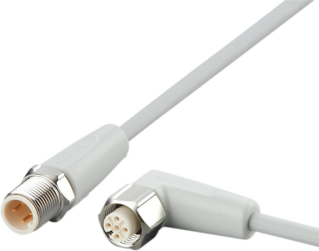 Due cavi di connessione grigi con spine, utilizzati per connessioni elettroniche. Uno mostra la spina, l'altro la presa.