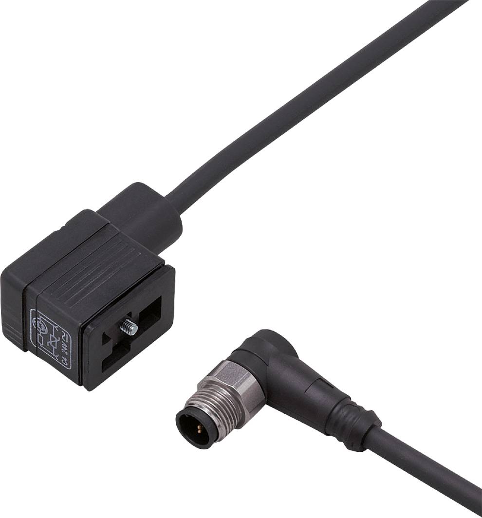 Un cavo elettrico di connessione nero, rettangolare, con adattatore ad angolo; utilizzato per collegare dispositivi in applicazioni industriali.
