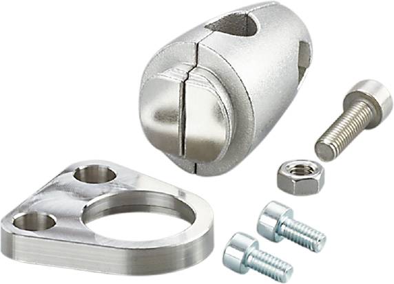 Kit di fissaggio metallico composto da due viti, un supporto e un perno. Adatto per il montaggio o il fissaggio su superfici.