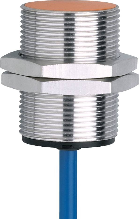 Un sensore cilindrico metallico con filettatura e due dadi di contrasto, collegato a un cavo blu.