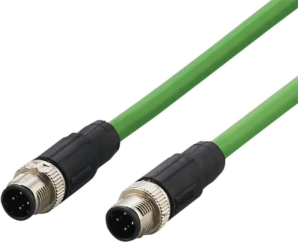 Due cavi elettronici verdi con connettori neri e connessioni metalliche, adatti per applicazioni industriali e interconnessioni.