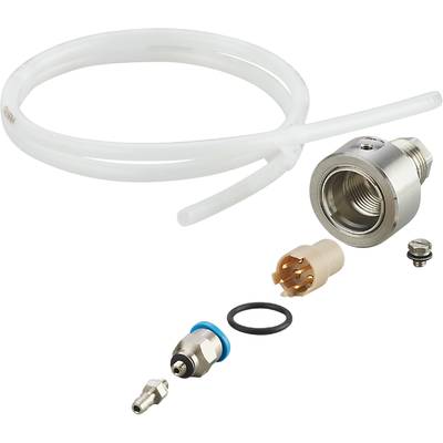 Un set di componenti per il montaggio composto da un raccordo metallico, un collegamento a vite, un anello di tenuta, un tubo e altri piccoli pezzi.