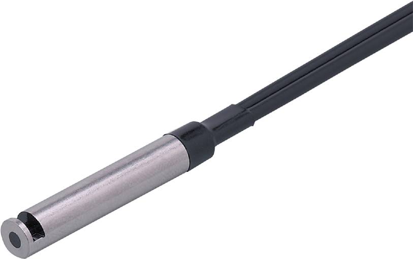 Sensore metallico con cavo nero, primo piano. Principalmente utilizzato nel campo dell'elettronica o della sensoristica.