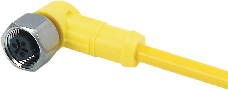 Spina di plastica gialla su sfondo bianco, vista dettagliata del collegamento.