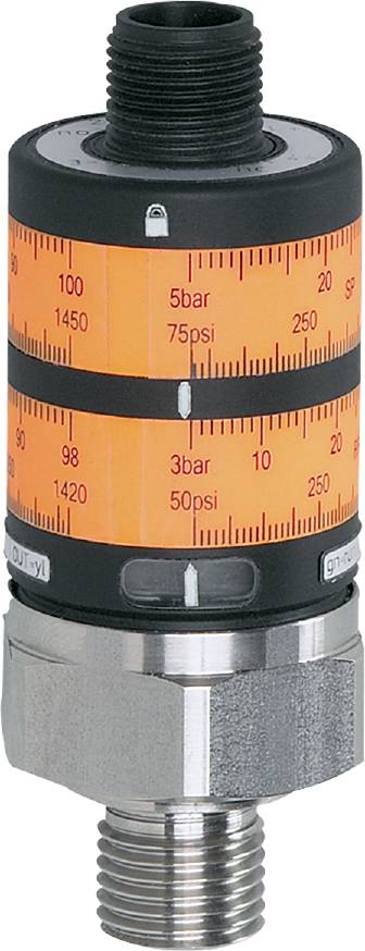 Misuratore di pressione con indicazione della scala in Bar e Psi. Marcature e numeri neri su sfondo arancione. Strumento per la misurazione della pressione.