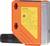 Custodia arancione per laser con adesivo di avvertimento giallo che descrive la 'Radiazione laser' e le precauzioni di sicurezza.
