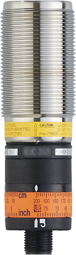Un modulo laser con un'avvertenza gialla 'Caution' sotto di esso. Sul piccolo display è scritto 'OUT'.