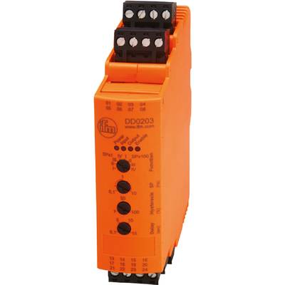 Dispositivo elettronico arancione di ifm con numero di modello DD0203, che mostra i comandi per Alimentazione, Ingresso, Uscita e Funzione.