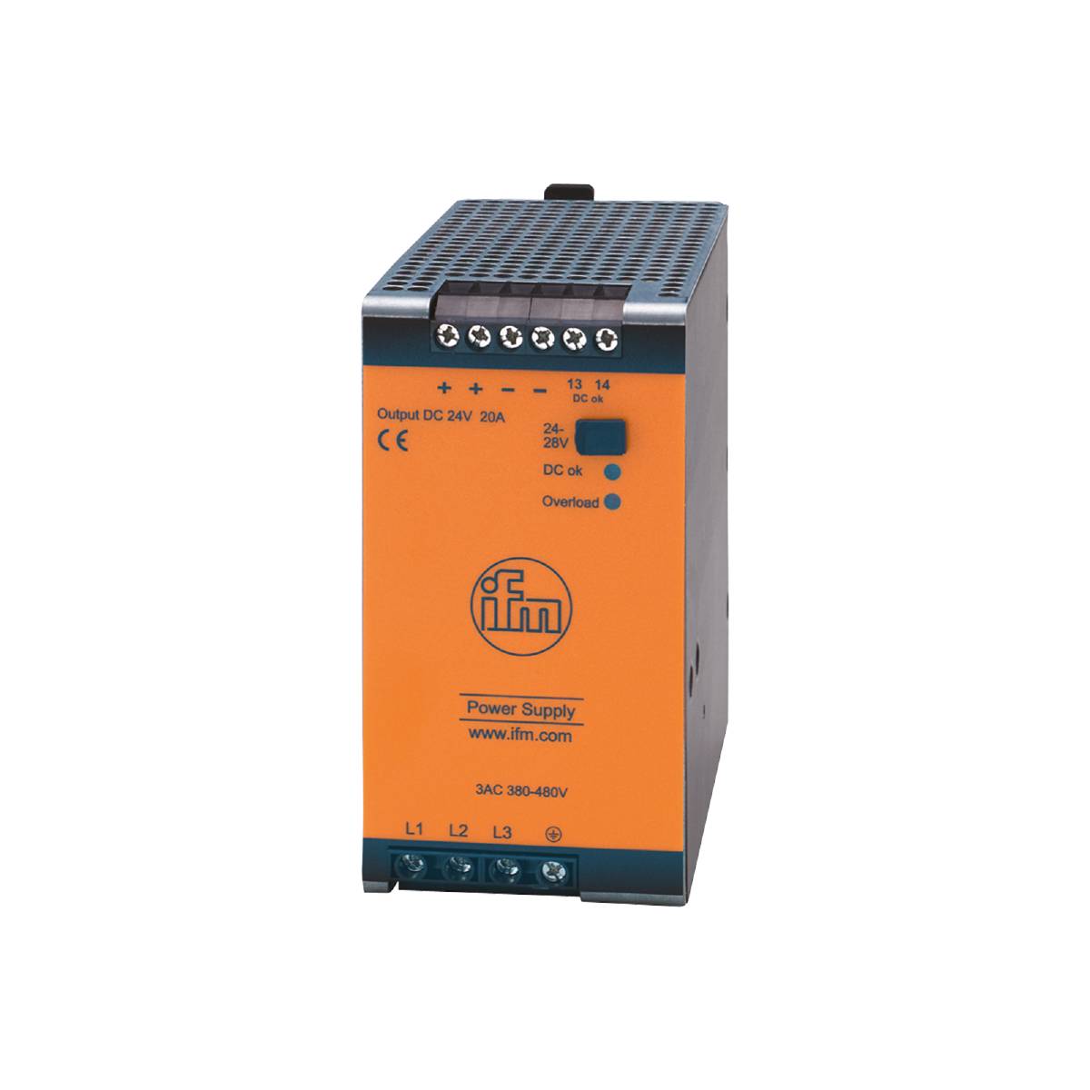 Un dispositivo di alimentazione arancione di ifm con connettori sulla parte superiore, etichettato 'Output DC 24V/20A', con base blu.