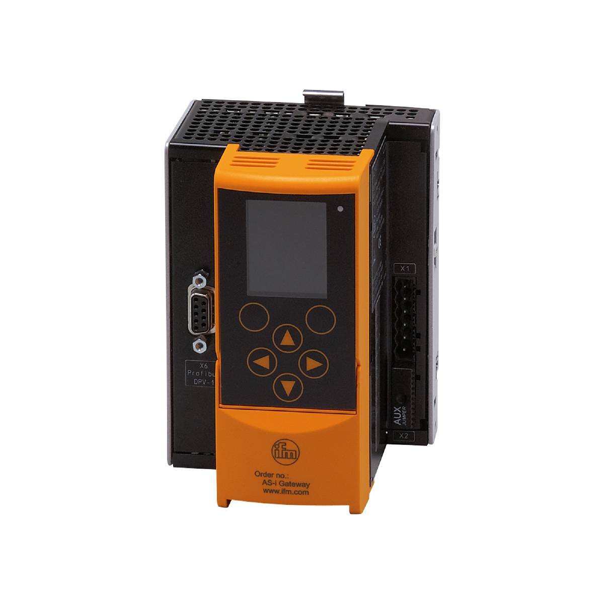 Dispositivo elettronico con display arancione e tasti di controllo su un involucro nero; utilizzato per il controllo e il monitoraggio di processi.