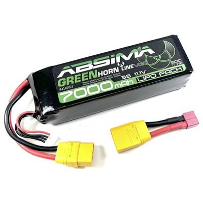 Batteria LiPo nera con scritta 'Absima Green Horn Line', 7000 mAh, 11,1V. Due connettori gialli con cavi rossi.