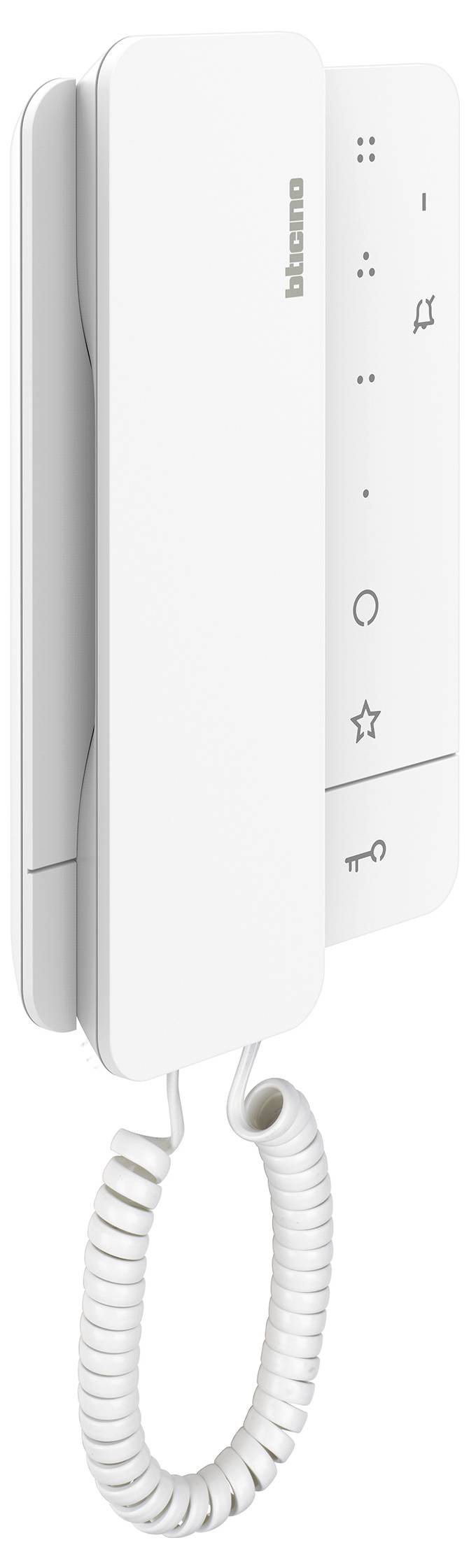 Telefono vivavoce bianco per impianti citofonici con cornetta, tasti per suonerie e funzioni. Adatto per edifici residenziali per la comunicazione.