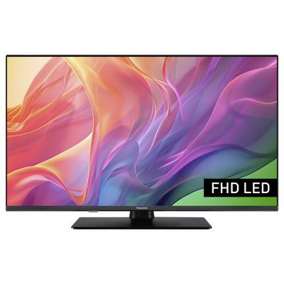 Un televisore a schermo piatto con la scritta 'FHD LED' sullo schermo, mostra motivi ondulati astratti e colorati.