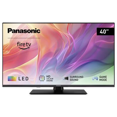 Televisore LED Panasonic Fire TV, 40 pollici, con motore colore HD, Surround Sound e modalità gaming. Sullo sfondo onde colorate.