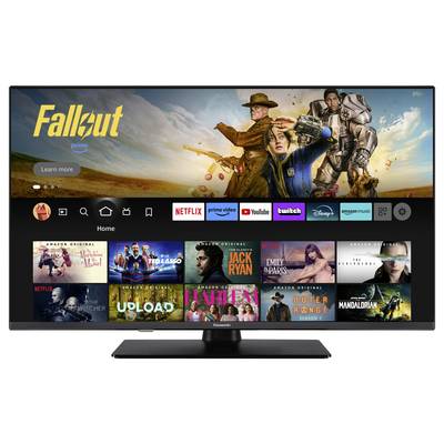 Uno schermo televisivo mostra il menu iniziale di Amazon Prime con varie serie e film, tra cui 'Fallout', 'Ted Lasso' e 'The Marvelous Mrs. Maisel'.