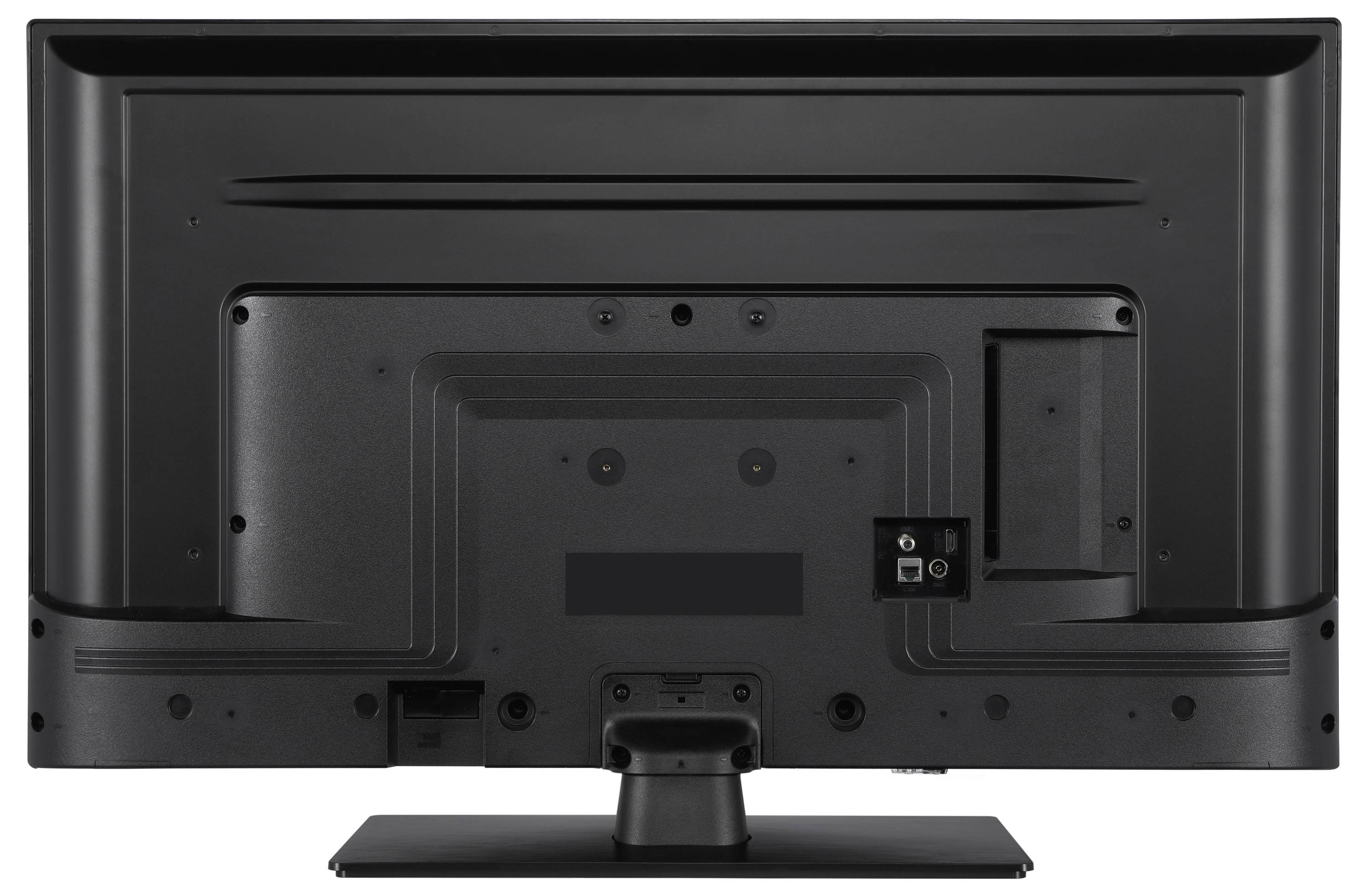Vista posteriore di un televisore nero a schermo piatto su un piedistallo, con varie porte di connessione visibili sul retro.
