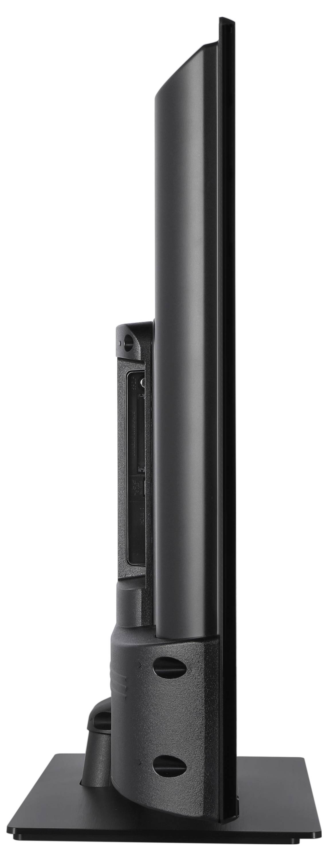 Vista laterale di un monitor nero e sottile su un piedistallo rettangolare, che mostra un design elegante e una porta di connessione.