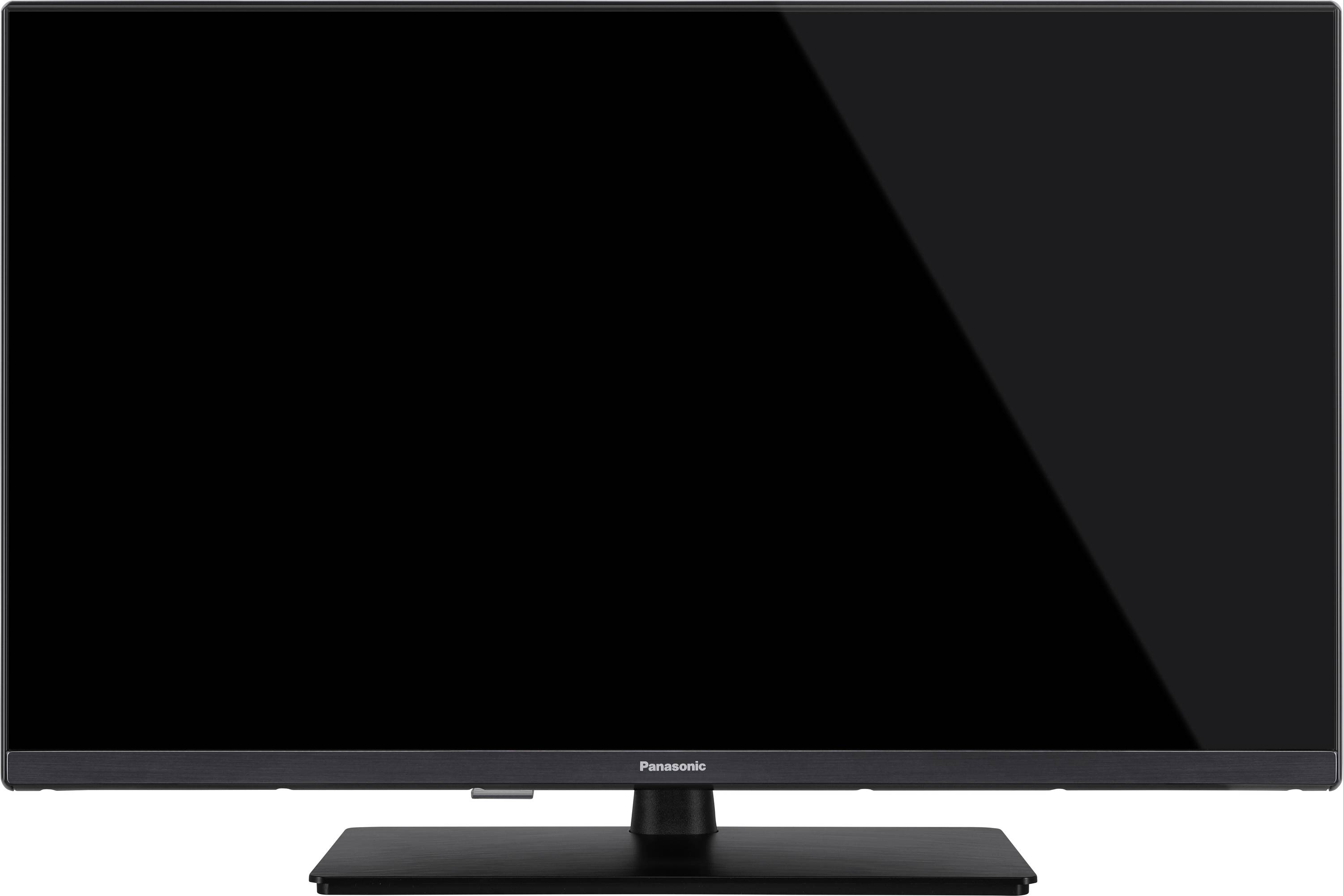 Un televisore piatto moderno con cornice nera e base rettangolare su sfondo bianco.