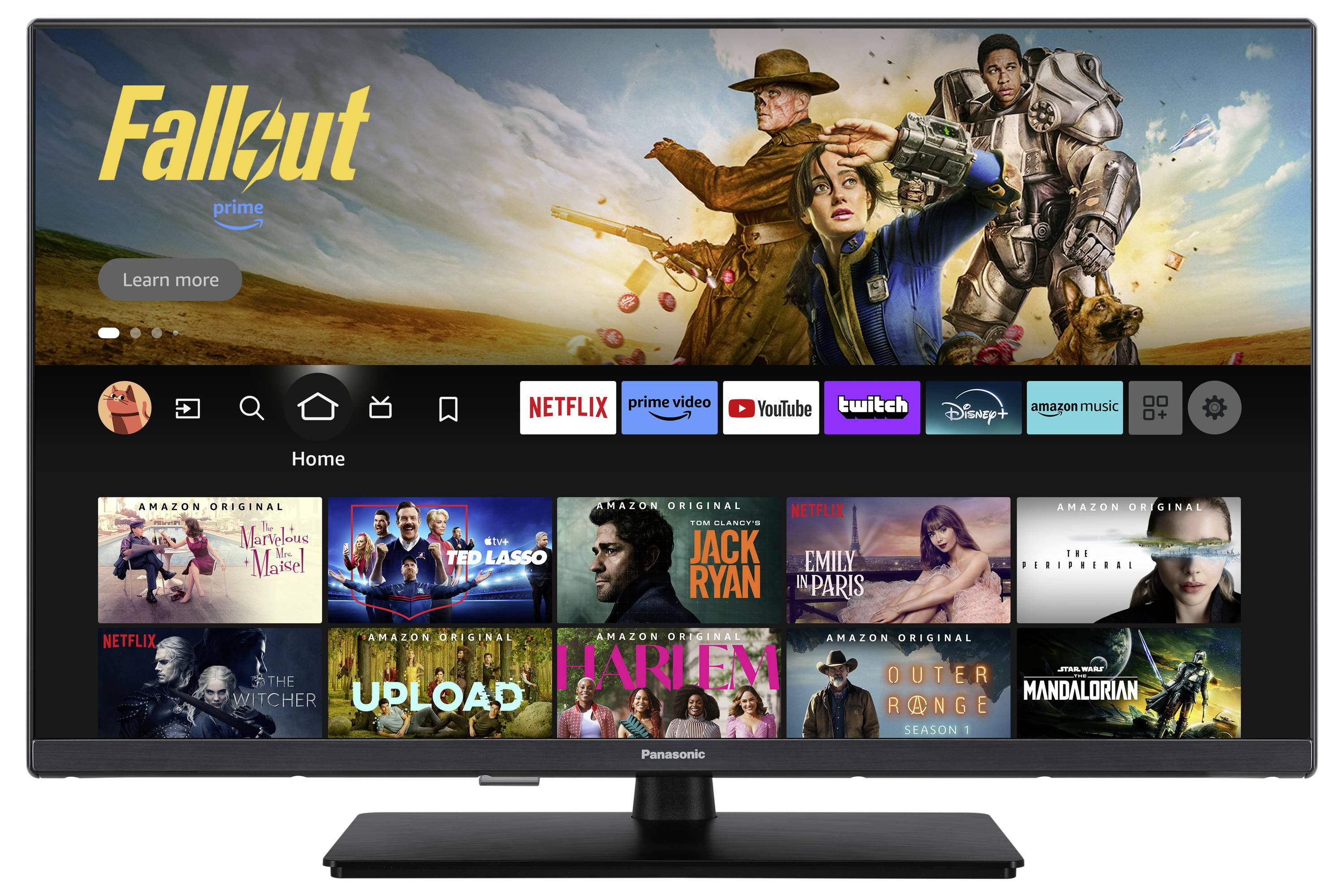 Una televisione mostra il menu di una piattaforma di streaming. In alto c'è un banner di 'Fallout', sotto di esso vari servizi di streaming e una selezione di serie.
