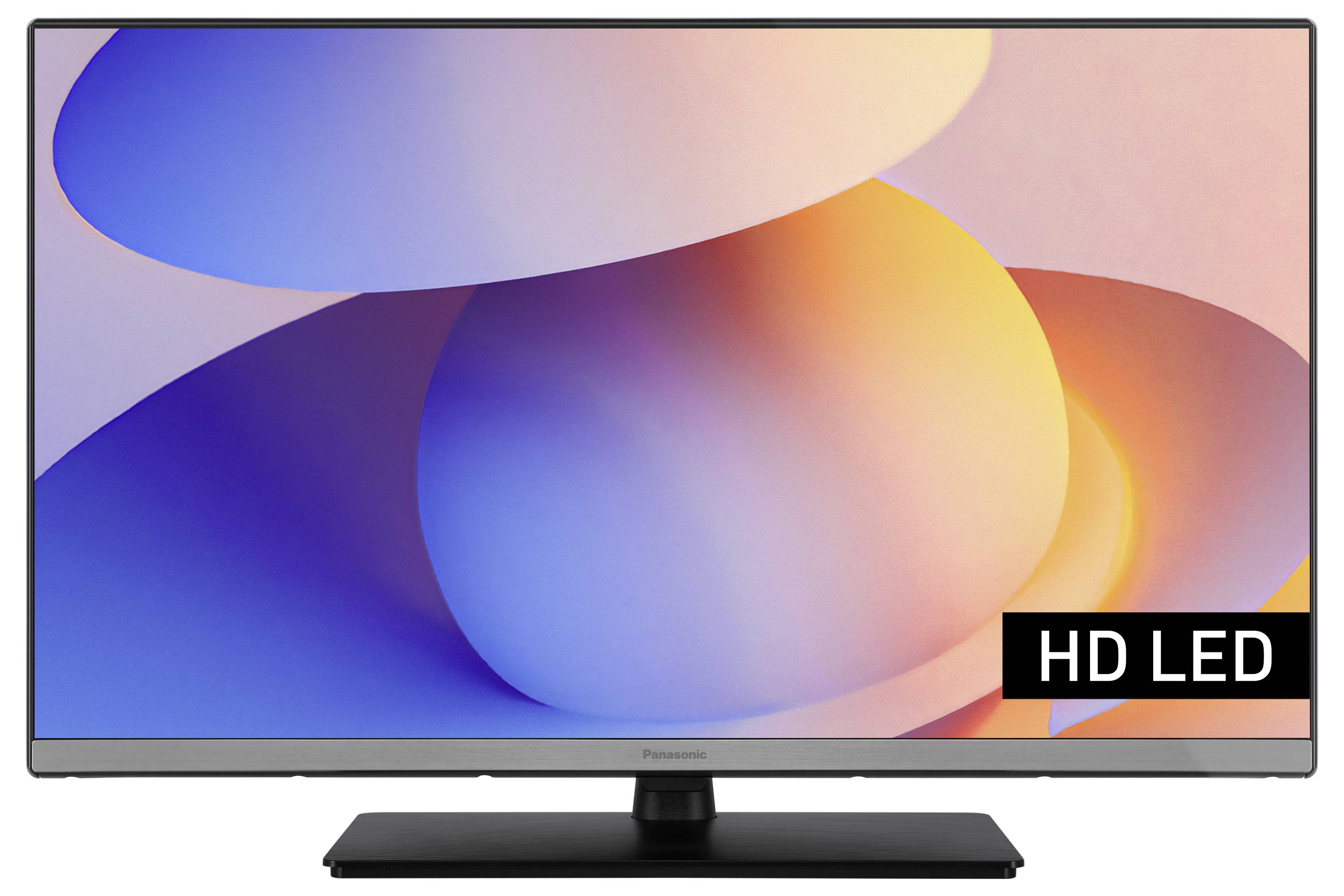 Un televisore con un display LED HD mostra un vivace pattern astratto di forme sovrapposte in tonalità di blu e arancione.