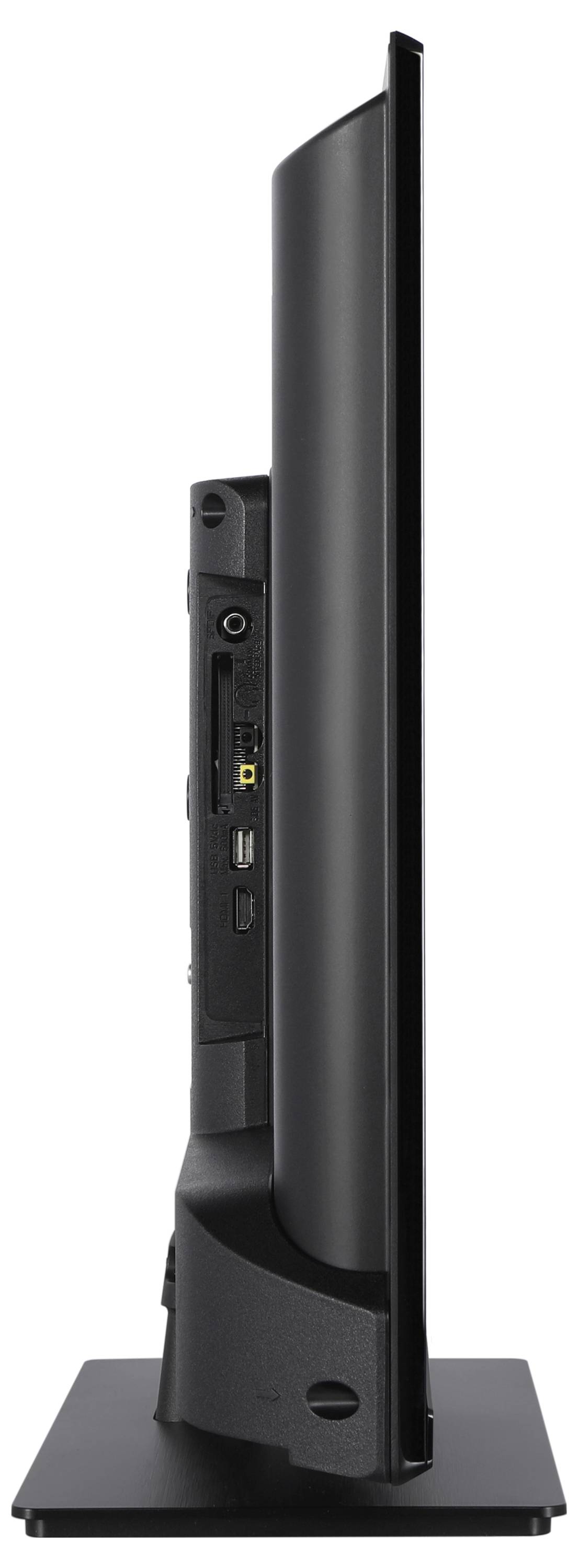 Schermo piatto visto di lato. Mostra le porte di connessione e il design sottile.