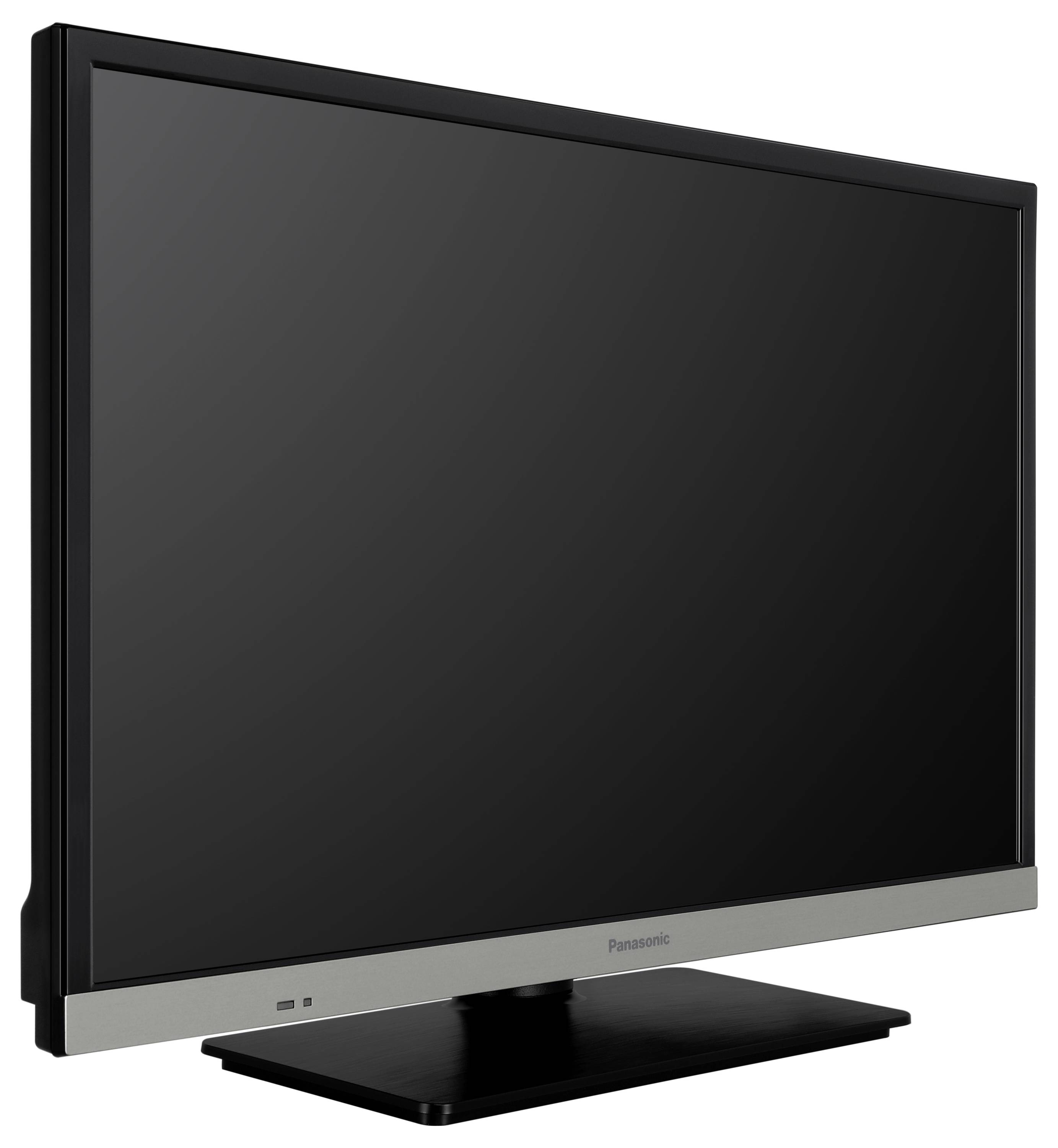 Televisore piatto Panasonic con cornice nera e base di supporto, schermo spento, fotografato diagonalmente da sinistra.