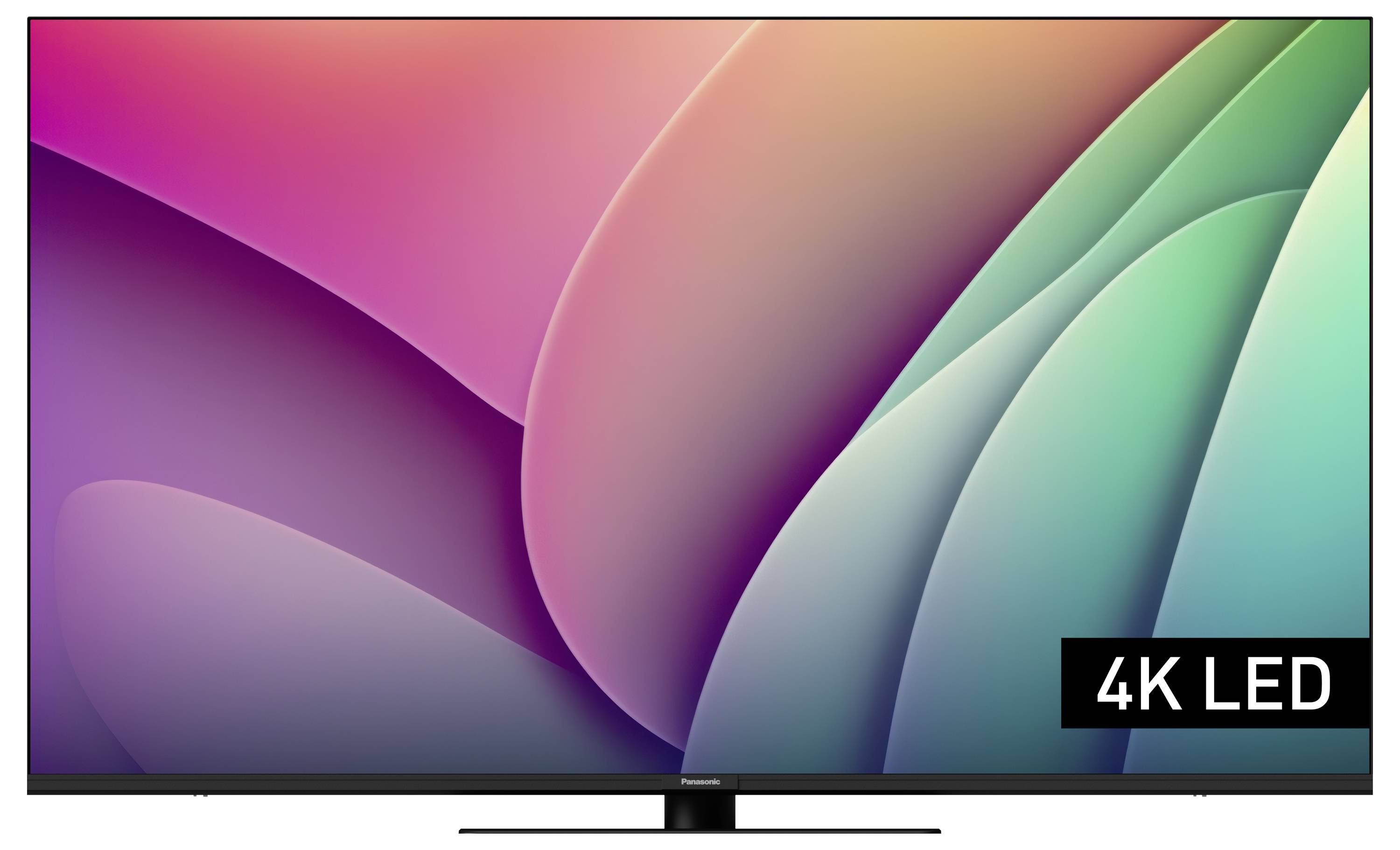 Un televisore piatto con risoluzione LED 4K e un'immagine astratta e colorata sullo schermo.