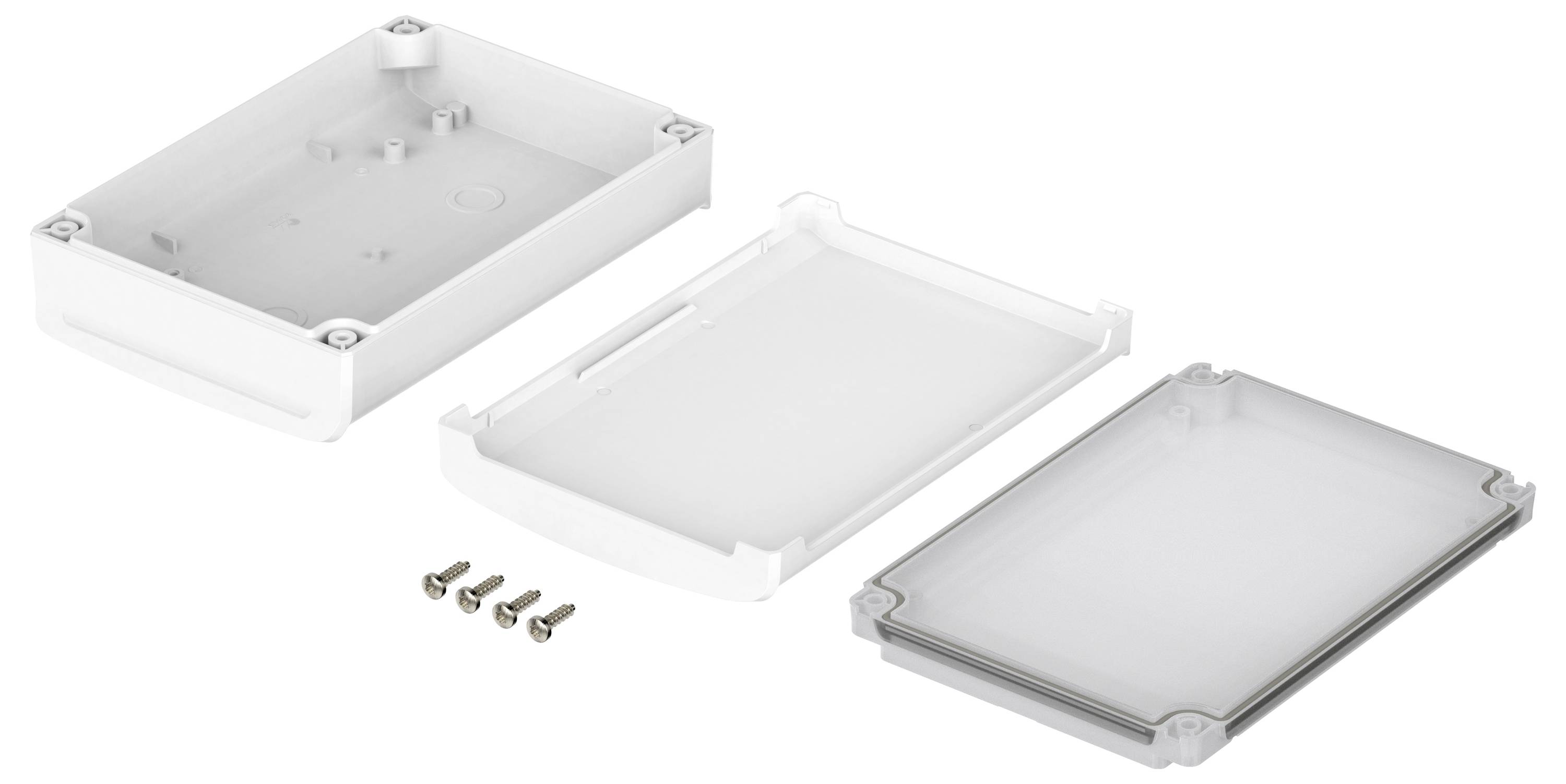 Involucri in plastica bianca composti da tre parti: base, coperchio e guarnizione. Quattro viti di fissaggio sono poste accanto. Adatti per applicazioni elettroniche.