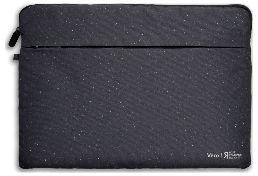 Borsa per laptop nera a pois con zip, logo 'Vero post-consumer recycled'.