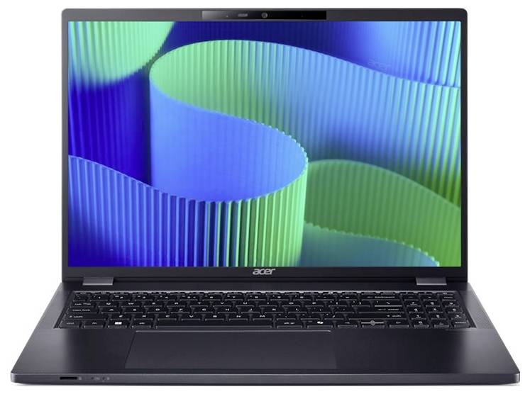 Un laptop con schermo aperto mostra uno sfondo astratto e colorato con linee ondulate in tonalità di blu e verde.