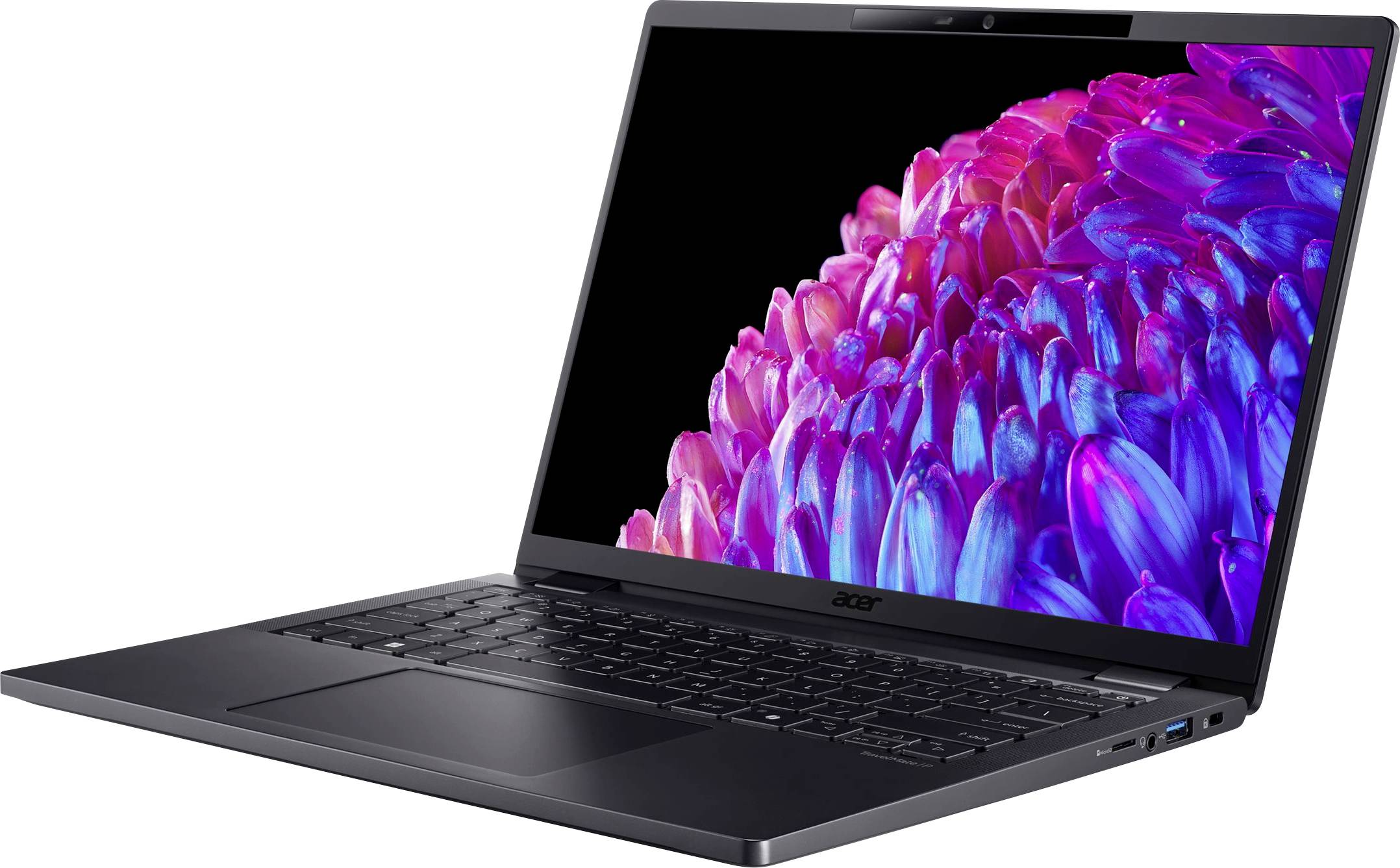 Un laptop aperto con un'immagine luminosa e colorata di fiori sullo schermo. La tastiera e il touchpad sono visibili.