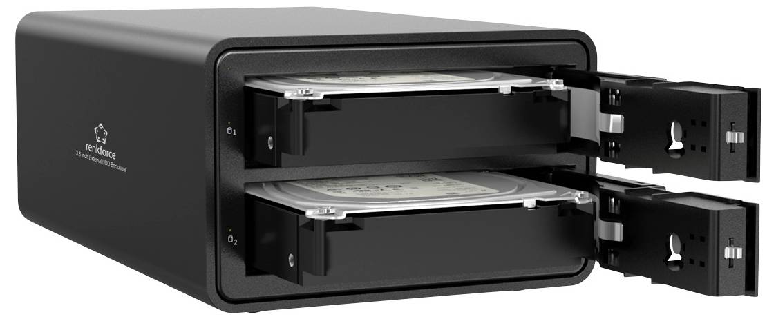 Un involucro esterno nero per hard disk con due vani estraibili per hard disk, entrambi i vani parzialmente aperti.