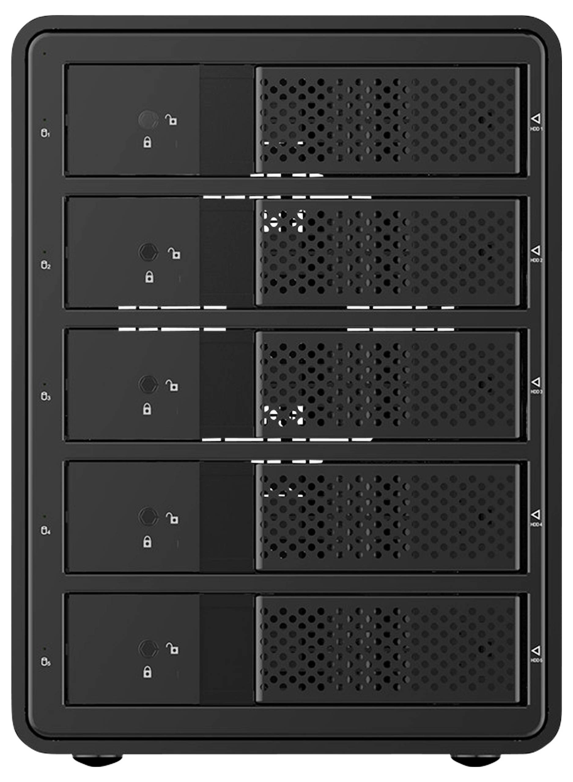 Un dispositivo di archiviazione nero con cinque slot, di cui tre protetti da un simbolo di lucchetto.