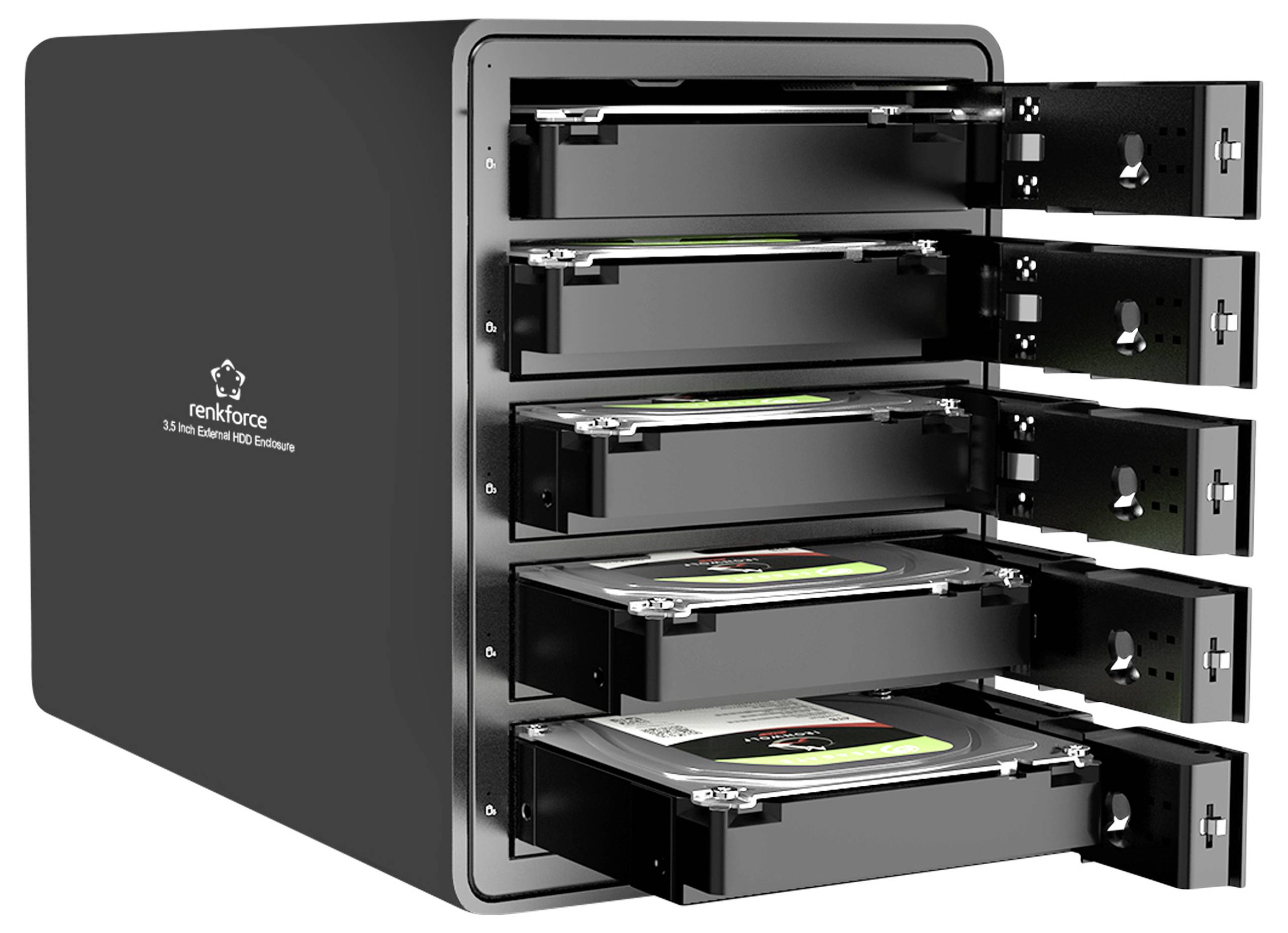 Un alloggiamento per hard disk esterno con cinque slot estraibili che offrono spazio per molteplici dischi rigidi.