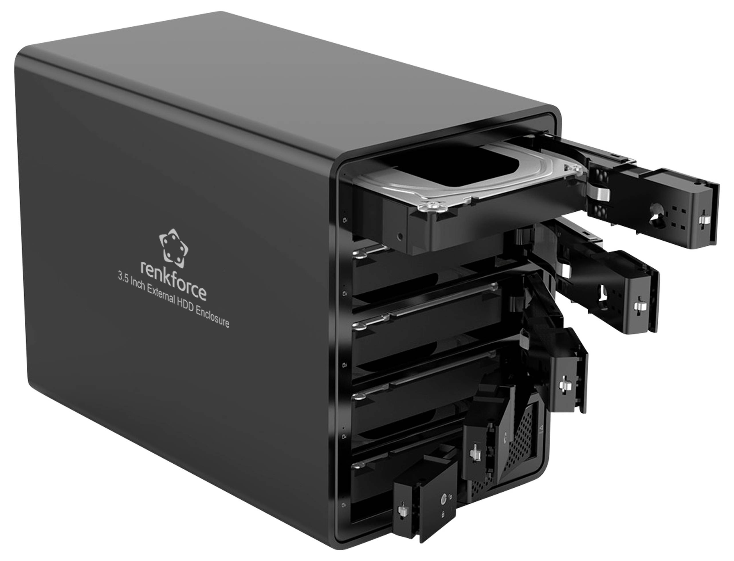 Contenitore esterno per hard disk da 3,5 pollici con più alloggiamenti, espandibile per ulteriore storage, colore nero.