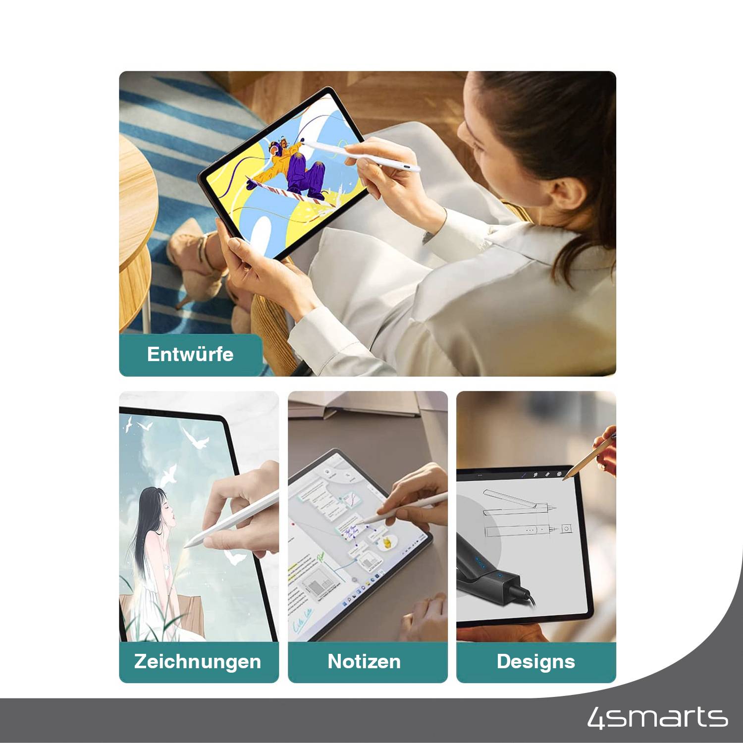 Una donna dipinge un'immagine colorata con una penna per tablet. Tre tablet aggiuntivi mostrano disegni, appunti e progetti.