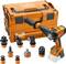 Trapano avvitatore con diversi accessori e valigetta per il trasporto. Ideale per molteplici applicazioni di avvitamento e foratura.