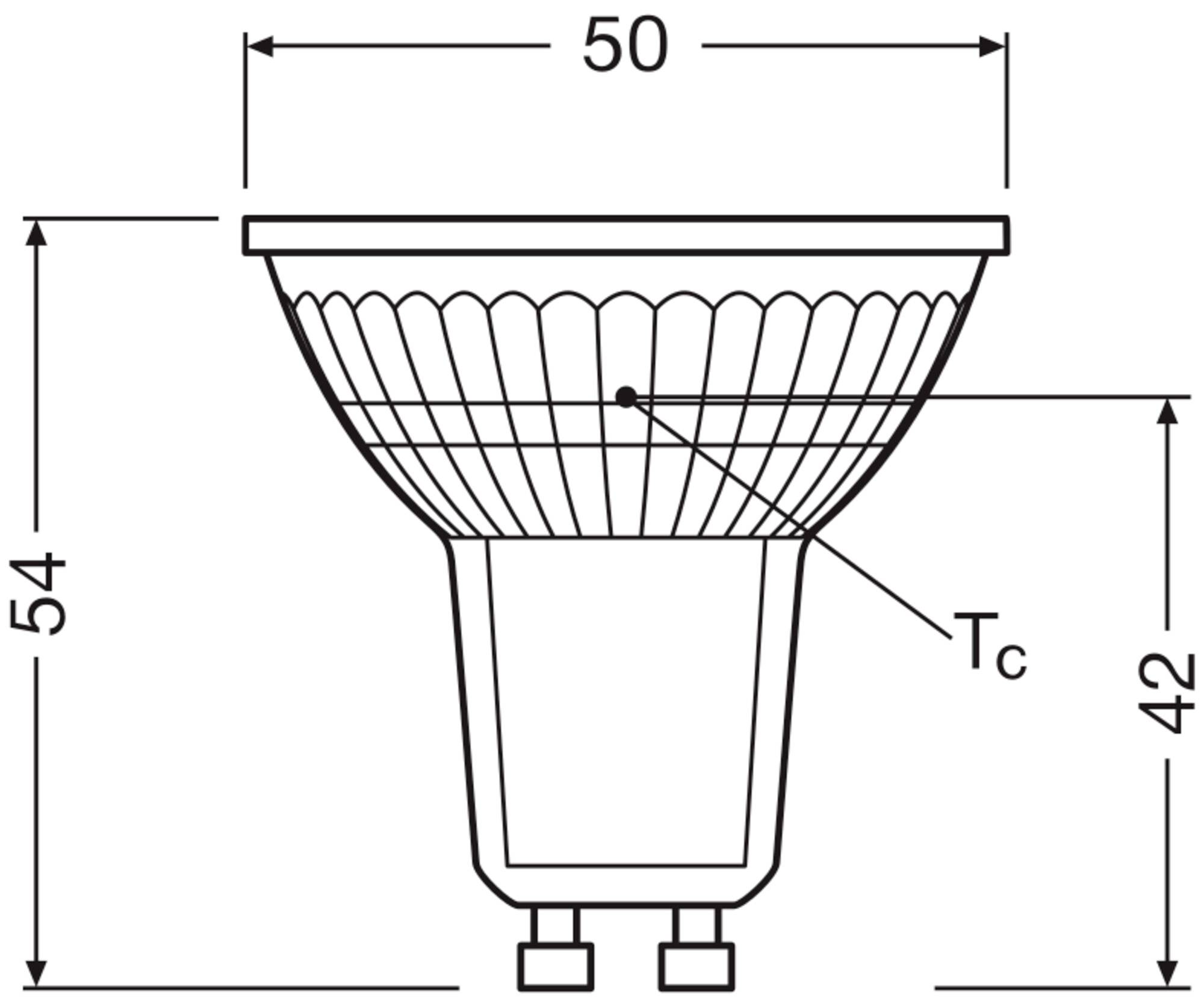 Disegno tecnico di una lampada LED GU10 con dimensioni: diametro 50 mm, altezza 54 mm, punto contrassegnato 'Tc' sul corpo della lampada.