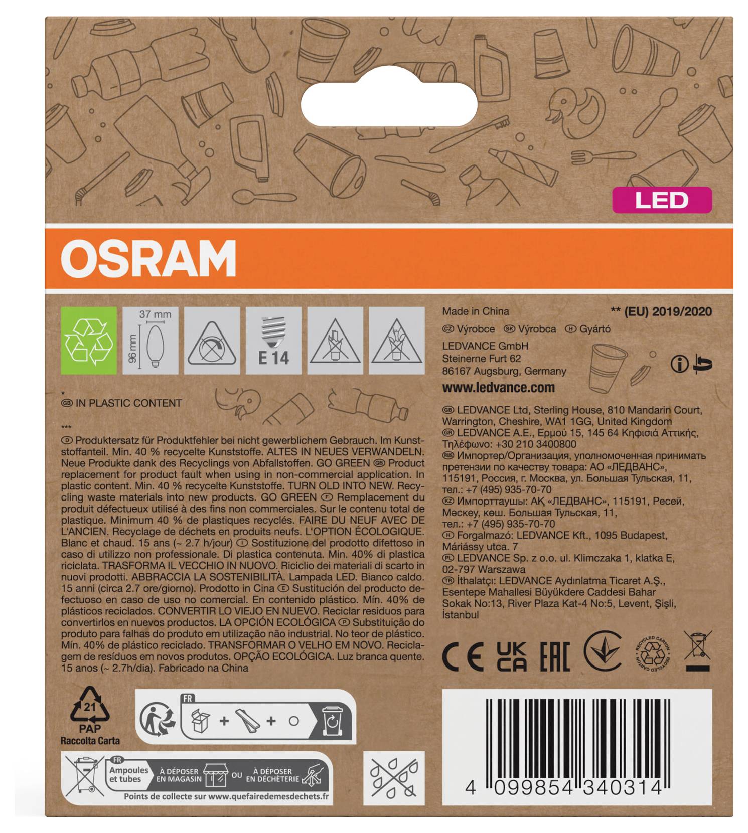 Etichetta della confezione della lampadina LED OSRAM con icone del prodotto, simboli di sicurezza, marchi di riciclaggio, testo multilingue e codice a barre.