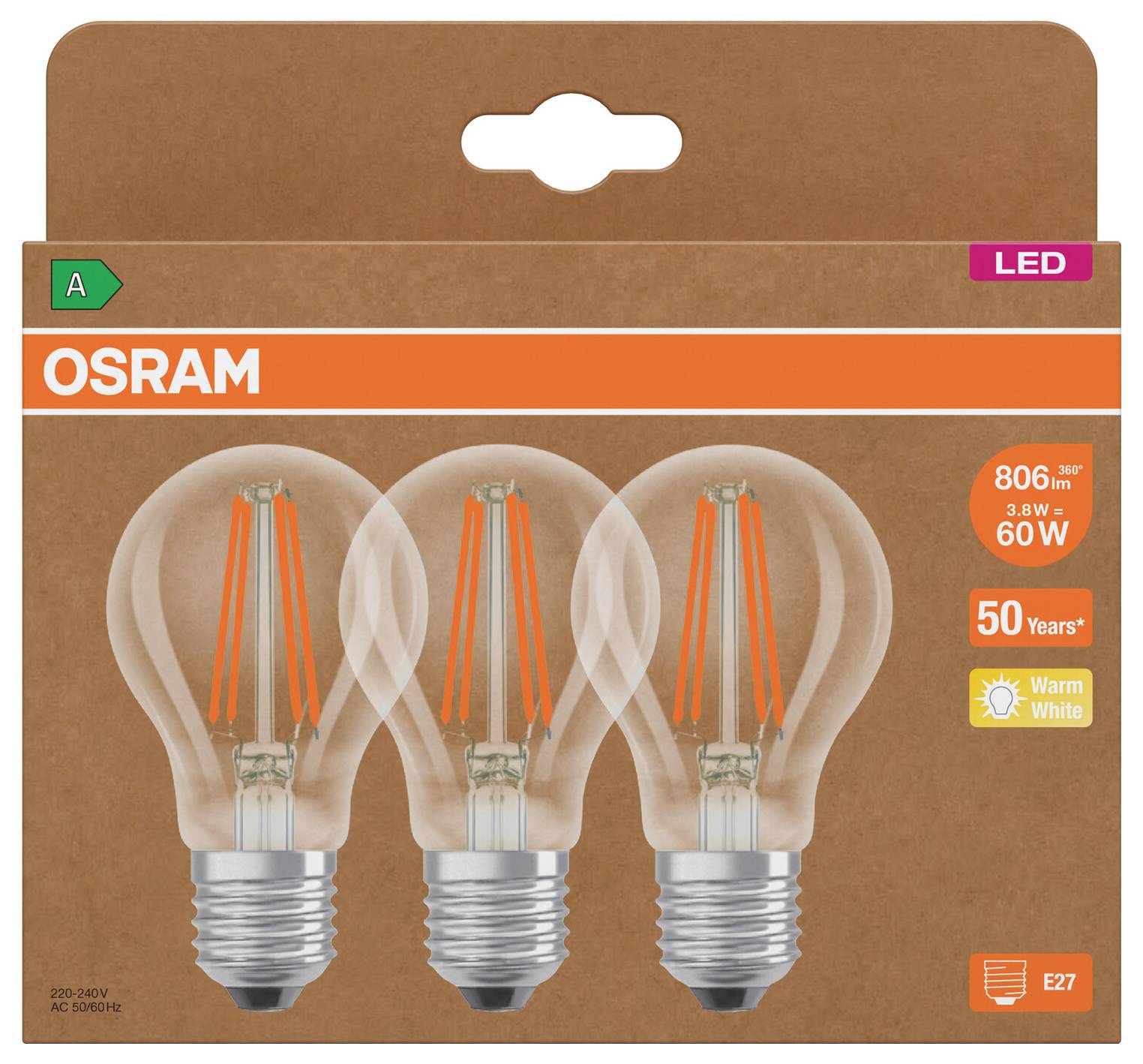 Confezione di lampadine LED OSRAM che mostra tre lampadine trasparenti in stile filamento, equivalenti a 60W, attacco E27, bianco caldo, 806 lumen.