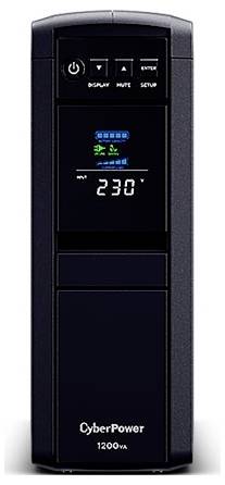 Dispositivo UPS di CyberPower con display LCD che mostra una tensione di 230V. Sono visibili i tasti per l'accensione, il display, la modalità mute e l'impostazione.