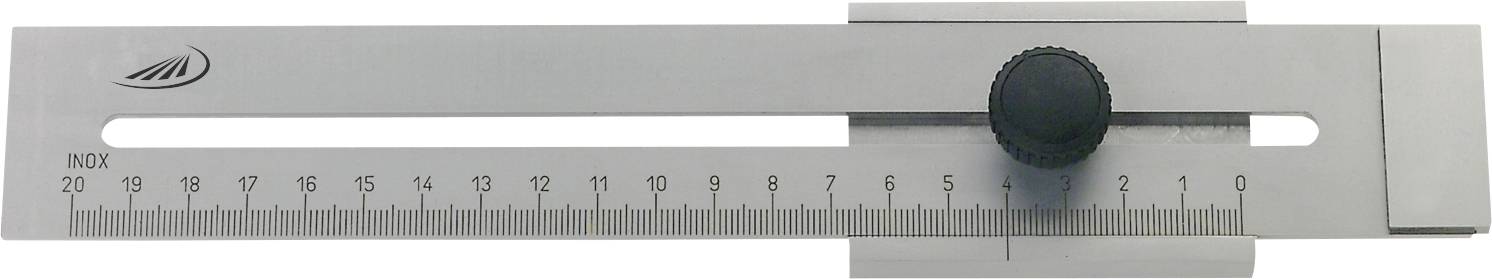 Un utensile da disegno in alluminio con scala da 0 a 20 e un pulsante di bloccaggio per misurazioni e disegni precisi.
