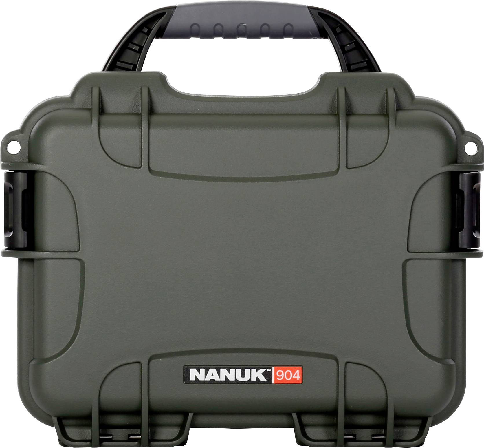Un robusto contenitore da trasporto verde oliva con manico nero e logo 'NANUK 904' sulla parte anteriore. Ideale per un trasporto sicuro.
