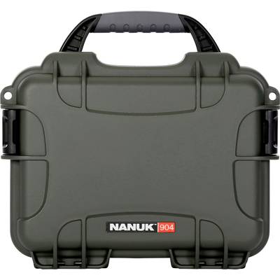 Un robusto contenitore da trasporto verde oliva con manico nero e logo 'NANUK 904' sulla parte anteriore. Ideale per un trasporto sicuro.