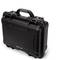 Valigia rigida nera robusta con manico e chiusure a scatto; ideale per il trasporto sicuro di oggetti delicati.