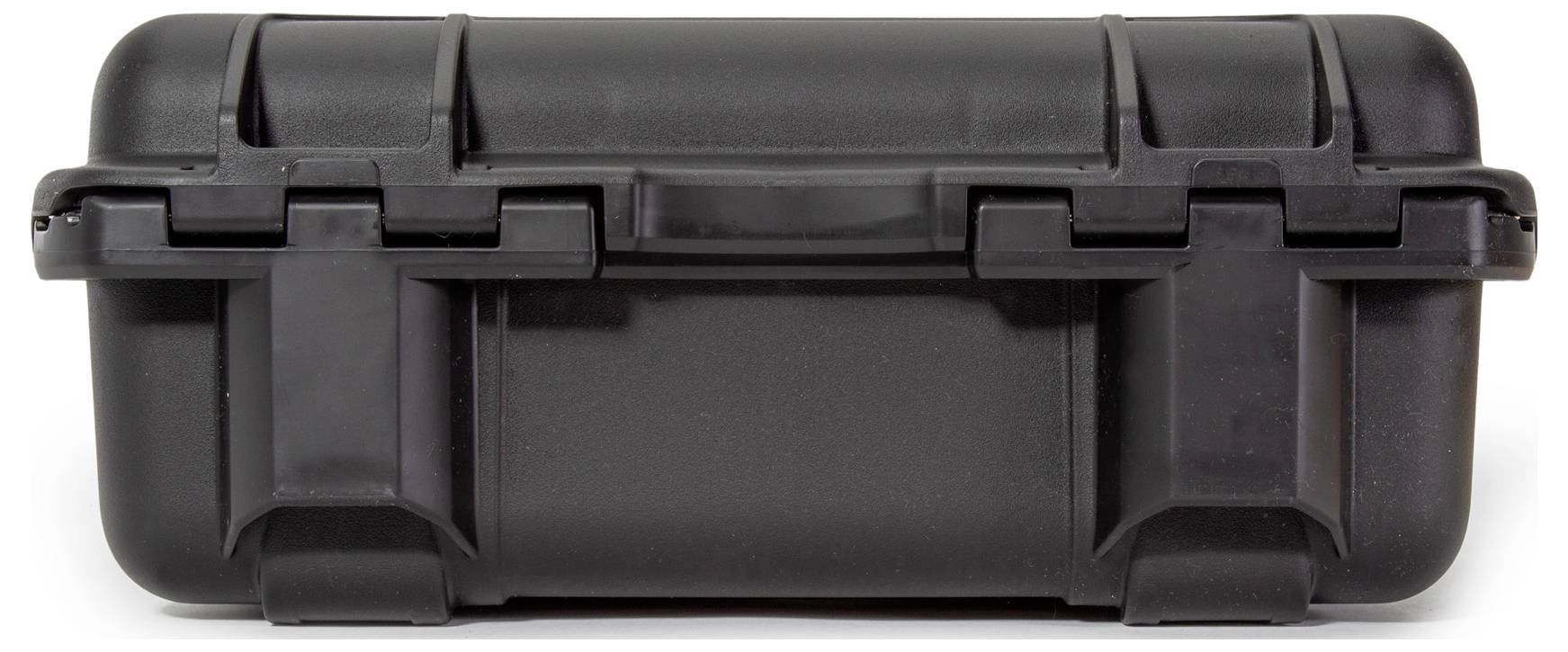 Una valigia rigida nera con chiusure robuste e un manico, mostrata da davanti. Adatta per il trasporto in sicurezza.