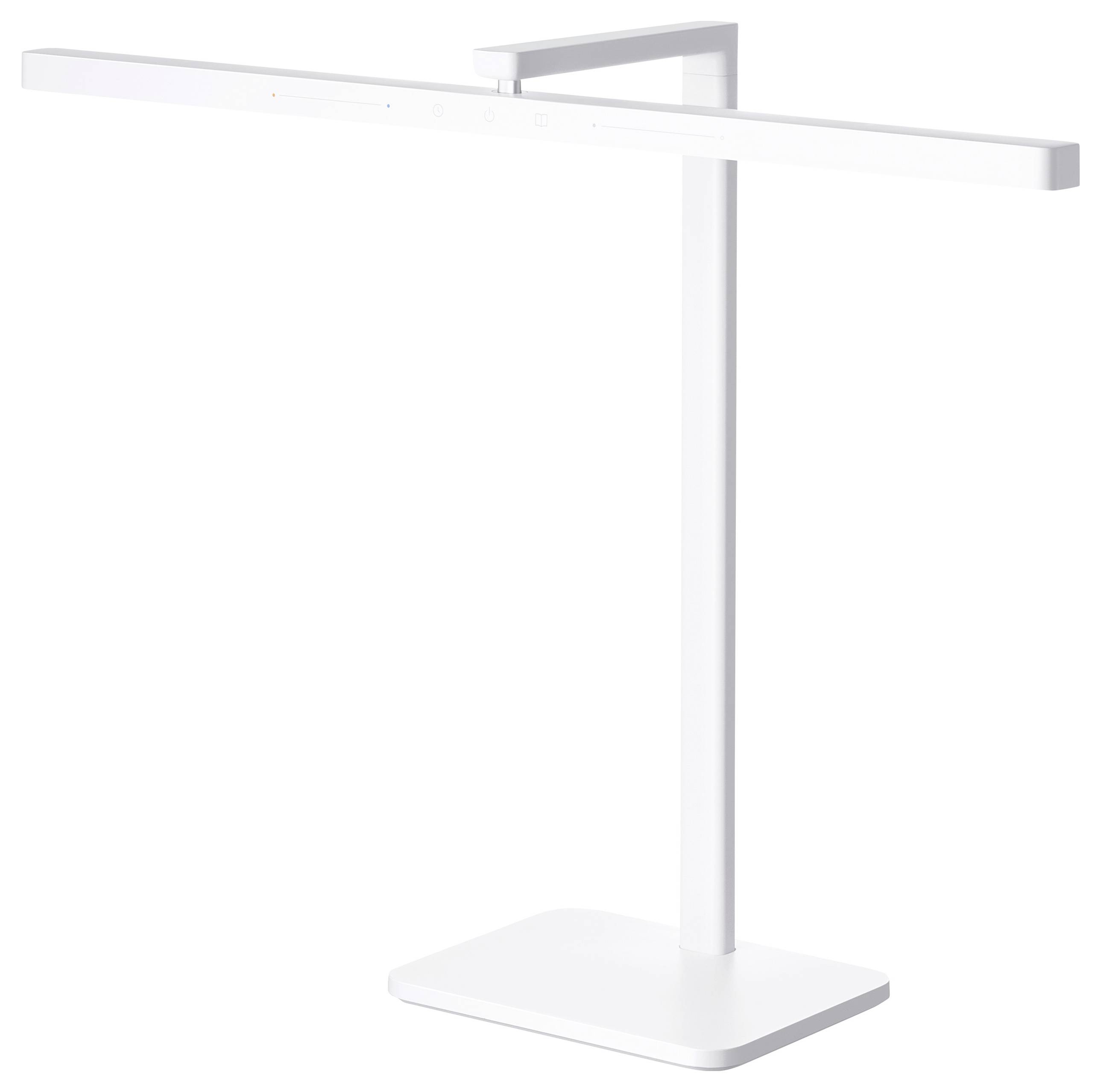 Lampada da tavolo bianca, moderna, con base rettangolare e paralume piatto e orizzontale. Design minimalista.