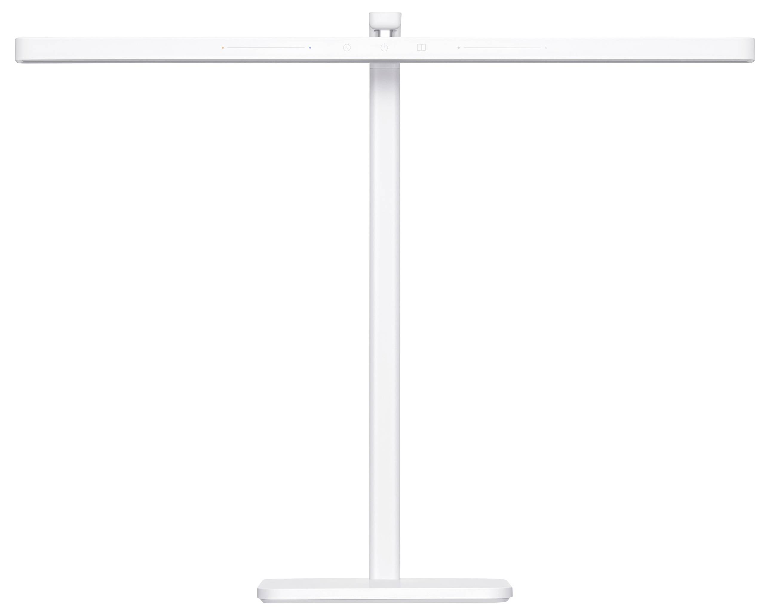 Lampada da tavolo bianca dal design sottile e moderno con barra luminosa orizzontale, ideale per interni minimalisti.